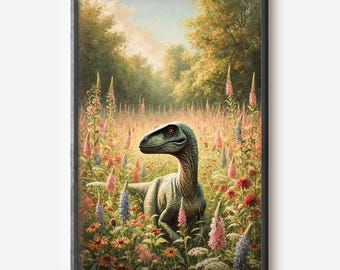 Dinosaur in a Wildflower Field Oil Painting, Velociraptor Poster, Dinosaur Art for Kids Room, Pre-historic Animal Wall Art.