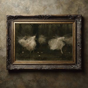 Målning av skogsälvornas dans, stämningsfull mörk folklorekonst, konsttryck av Dark Academia.