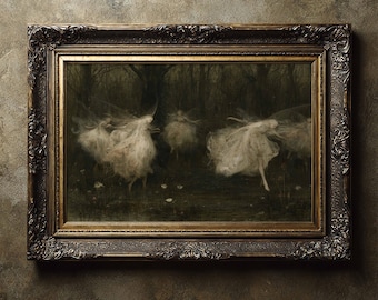 Dance of the Forest Fairies Painting, Moody Dark Folklore Art, Dark Academia Fine Art Print.
