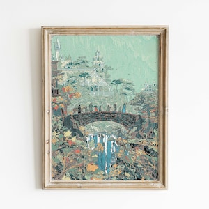 May include: A framed art print depicting a fantasy landscape with a bridge, waterfall, and figures. The artwork features a color palette of greens, blues, and browns, with a vintage aesthetic. The print is in a wooden frame.