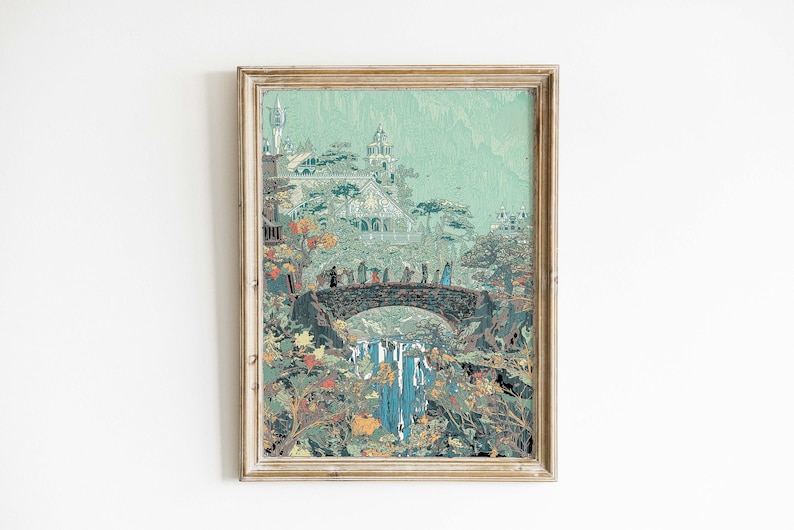 May include: A framed art print depicting a fantasy landscape with a bridge, waterfall, and figures. The artwork features a color palette of greens, blues, and browns, with a vintage aesthetic. The print is in a wooden frame.