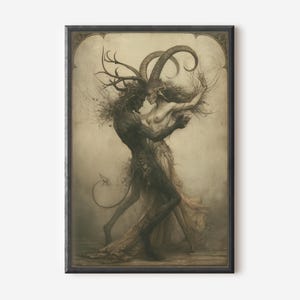 May include: A framed wall art print featuring a sepia-toned illustration of two mythical figures dancing. One figure has dark skin, horns, and a tail, while the other has light skin and flowing hair. They are intertwined in a close embrace.
