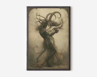 Puede incluir: Una lámina de arte enmarcada con una ilustración en tonos sepia de dos figuras míticas bailando. Una figura tiene piel oscura, cuernos y cola, mientras que la otra tiene piel clara y cabello largo. Están entrelazados en un abrazo.