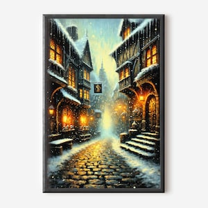 Poster Witches and Wizard Alley Winter Oil Painting, World of Wizardry Art Print, Fantasy Book Gift Art, Fantasy Alley Wall Decor