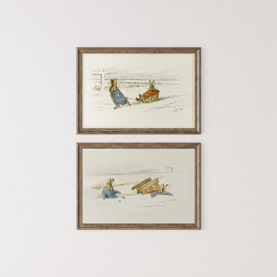 Vintage Rabbits Beatrix Potter Illustration Set of 2, Kids Storybook Wall Art, Kids Room Winter Landscape Wall Art, Cute Bunny Print Art.