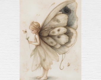 Cute Fairy Illustration for Nursery, Fairy Flower Fine Art Print, Vintage Fairies Print.