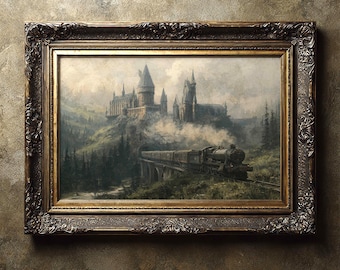 Fantasy School Oil Painting, Steam Train Wizard Academy Fine Art Print, Magic Castle Poster.