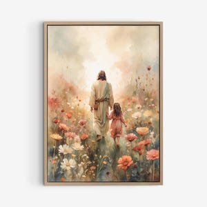 Jesus Walking with a Girl in a Beautiful Flower Field Poster, Jesus Watercolor Painting, Digital Download Christian Wall Art.