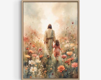 Jesus Walking with a Girl in a Beautiful Flower Field Poster, Jesus Watercolor Painting, Digital Download Christian Wall Art.