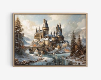 Fantasy Wizard School in Winter Landscape Oil Painting, Wizard Academy Poster Art, Wizarding Castle Fantasy Fine Art Print.