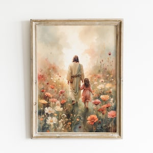 Jesus Walking the Path with a little girl, Come Follow me Jesus Watercolor Painting, Christian Gift Art, Bible Fine Art Print.