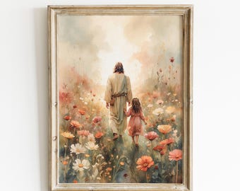 Jesus Walking the Path with a little girl, Come Follow me Jesus Watercolor Painting, Christian Gift Art, Bible Fine Art Print.