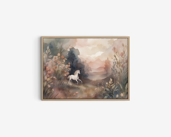 Whimsical Unicorn running in a Magical Fairy Tale Meadow, Unicorn Watercolor Painting, Aesthetic Unicorn Art, Enchanting Nursery Print.