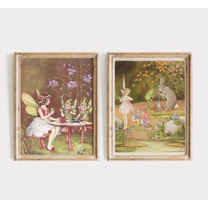 Whimsical Fairy Tea Party Illustration for Nursery, Fairy Rabbits and Frog prints by Ida Rentoul Outhwaite, Vintage Fairy Wall Art.