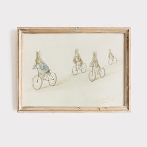 Illustration vintage de Beatrix Potter Biker Bunnies, impression de chambre d&#39;enfant Benjamin Bunny et ses amis à bicyclette, livre pour enfants vintage Rabbit Art.