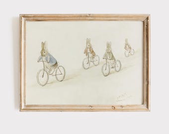 Beatrix Potter Biker Bunnies Vintage Illustration fürs Kinderzimmer Gedruckt auf Premium Matte Papier.
