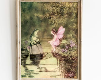 Pink fairy and frog Illustration by Ida Rentoul Outhwaite, Vintage Fairy Wall Art for Nursery.