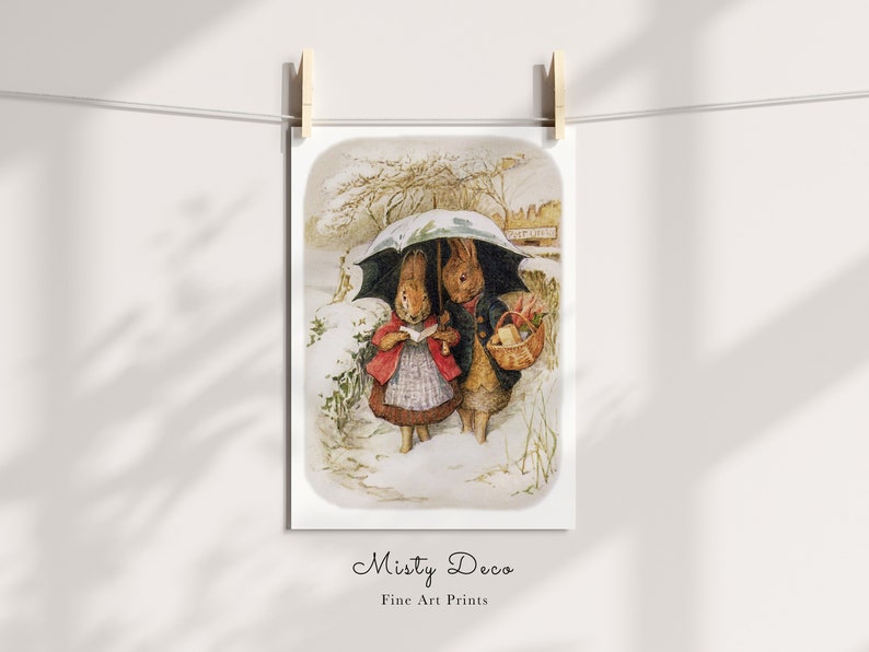 May include: Two brown rabbits walking in the snow under a green umbrella. The rabbit on the left is holding a book and the rabbit on the right is carrying a basket of flowers.