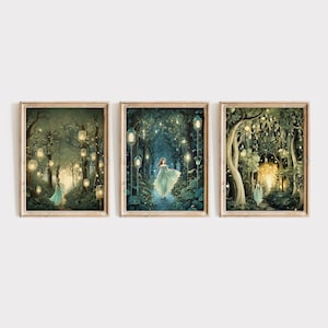 Druckbare Illustrationen von Prinzessinnen im Märchengarten und Wald, süße Prinzessinnen Kunst für's Kinderzimmer oder Mädchenzimmer, magischer Wald Posterkunst