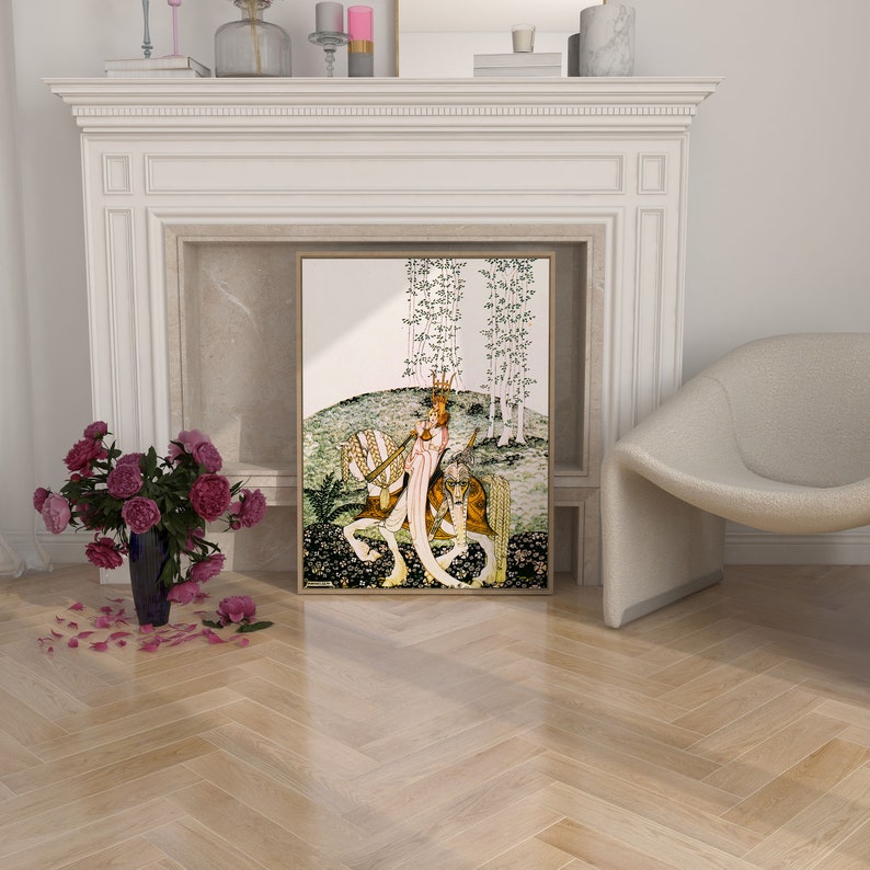 May include: A framed illustration of a woman in a white dress riding a white horse through a forest. The woman is holding a horn and wearing a crown. The illustration is set against a background of green trees and a blue sky.
