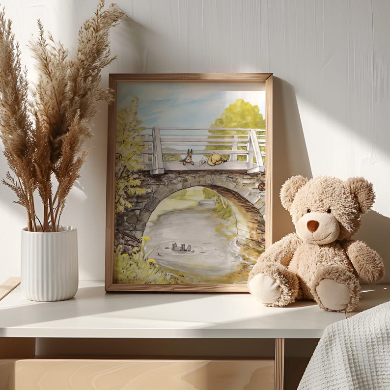 Winnie The Pooh on Stone Bridge, Vintage Printable Wall Art for Nursery Set of 3, Classic Winnie the Pooh Illustration. image 6