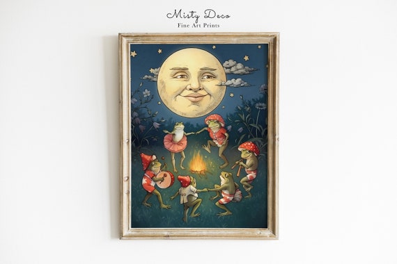 Printable Dancing Frogs Under Full Moon Vintage Illustration for