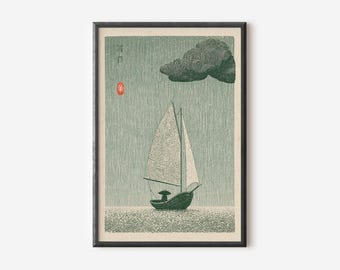The Sailing Boat in the Rain Japanese Poster, Japandi Minimalist Wall Art, Japanese Vintage Illustration.