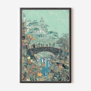 May include: Framed art print depicting a fantasy landscape with a bridge, waterfall, and buildings. The artwork features a color palette of greens, blues, and oranges, with figures crossing the bridge. The print is in a black frame.