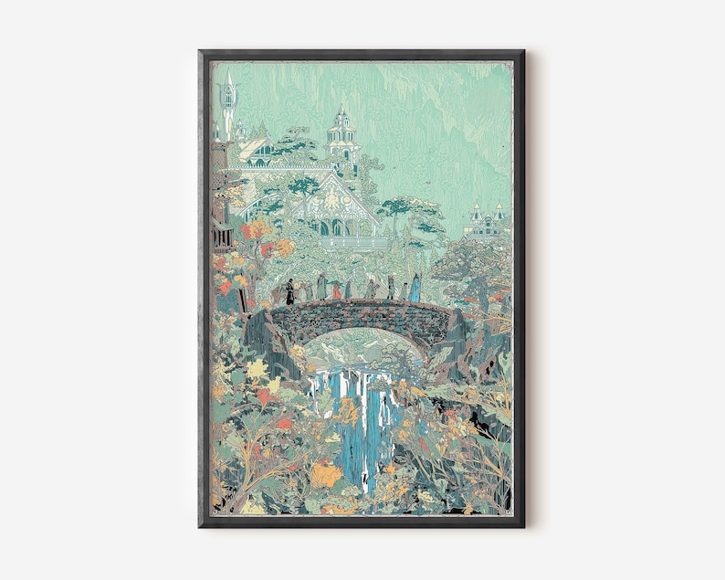 May include: Framed art print depicting a fantasy landscape with a bridge, waterfall, and buildings. The artwork features a color palette of greens, blues, and oranges, with figures crossing the bridge. The print is in a black frame.
