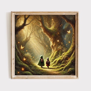 Impression d'art Enfants marchant dans une forêt enchantée, art fantastique magique pour chambre d'enfant, art mural forêt magique.