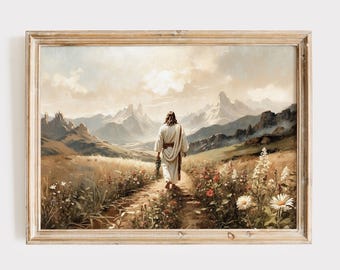 Jesus Walking a Wildflower Road in the Mountains, Christian Oil Painting, Fine Art Print on Premium Paper..