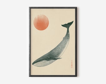 Japanese Blue Whale Poster, Japandi Minimalist Wall Art, Japanese Vintage Illustration.