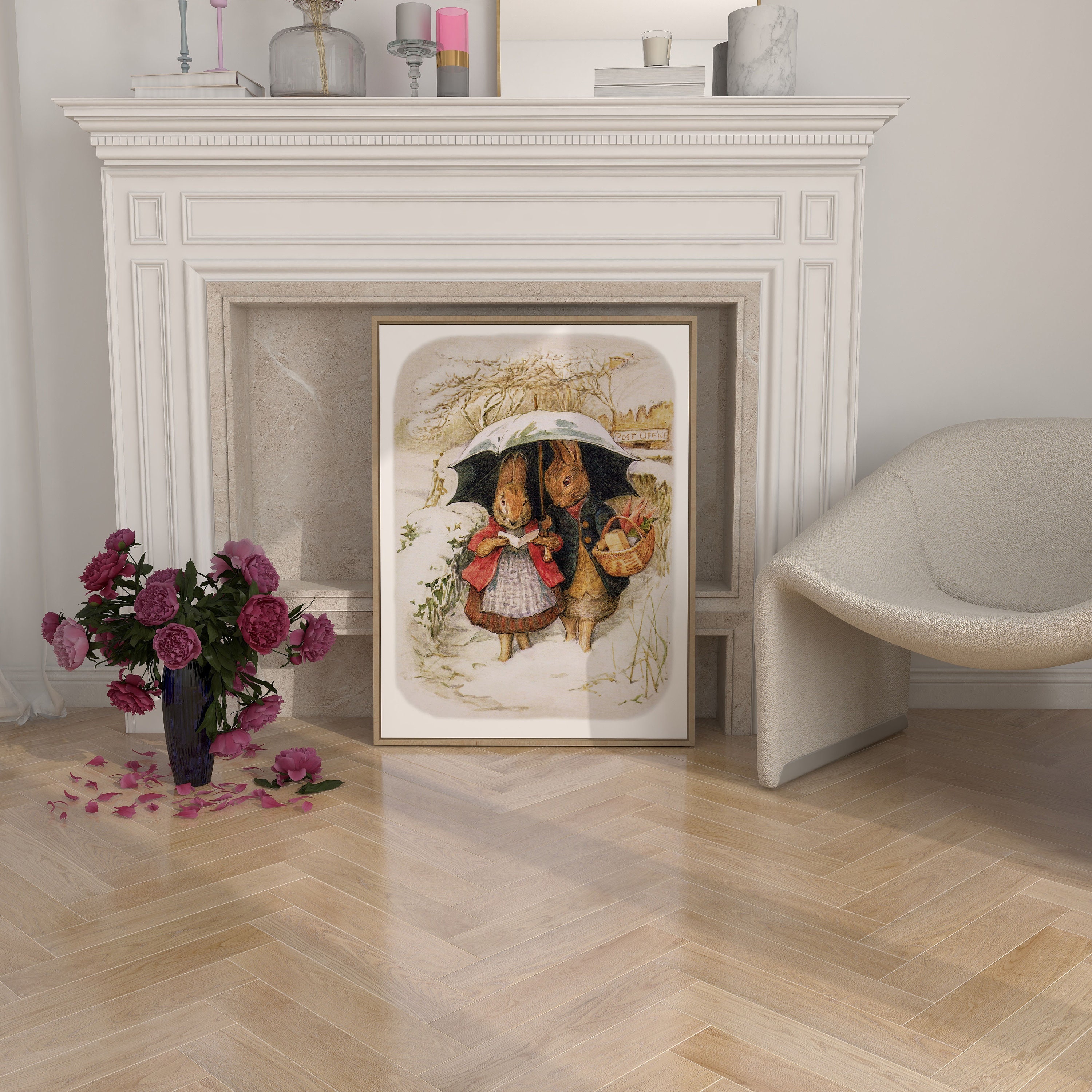 傘の下のかわいいウサギ、ビアトリクス・ポターによる気まぐれな