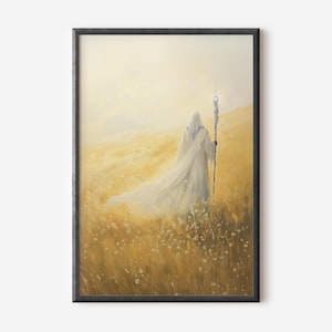 White Wizard in the Shire Painting, Perfect Ring of Power Fantasy Gift Art, Unique Fantasy Wizard Painting.