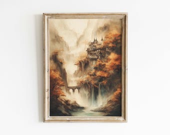 Elvish Flusstal Landschaft Tusche und Aquarell Malerei, Kraftring Digitale Wandkunst, Gemeinschaft Poster.