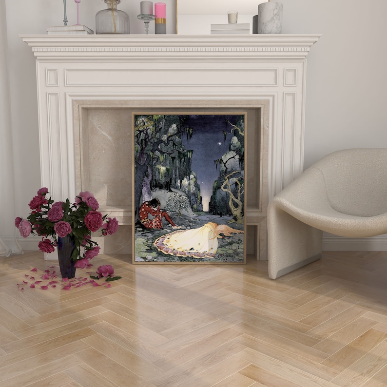 May include: A framed illustration of a woman in a white gown lying on the ground in a forest setting. A man in red clothing sits nearby. The scene is illuminated by a single star in the night sky.