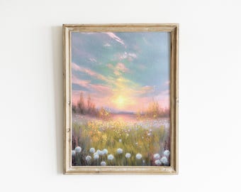 Colorful Sunset Wildflower Landscape Oil Painting Printed on Premium Matte Paper.