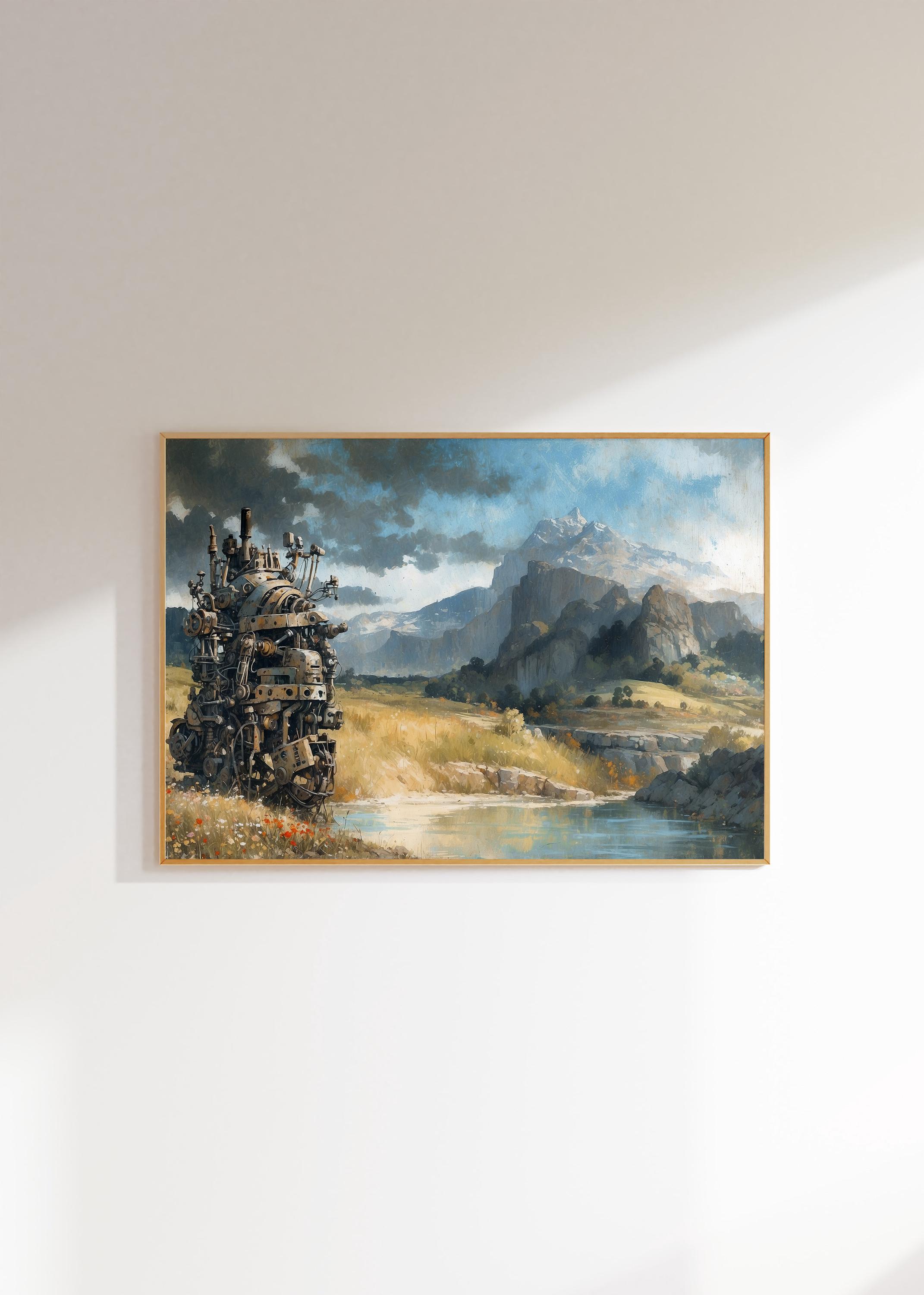 Clunky Robot in Landscape Oil Painting, Digital Retro Sci-fi