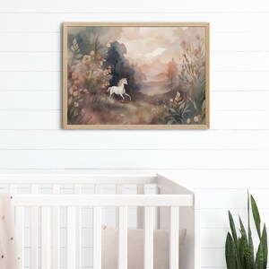 Whimsical Watercolor Painting of a Unicorn running in a Magical Fairy Tale Meadow, Aesthetic Unicorn Art, Enchanting Unicorn Nursery Print.