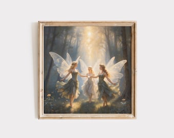 Enchanting Forest Fairies Dancing in a Glade in the Forest Painting, Fairy Tale Wall Art, Fairycore print, Whimsical Girls Room Fairy Poster
