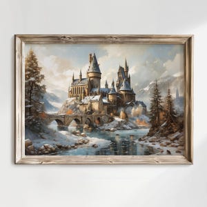 Fantasy Wizard School in Winter Landscape Oil Painting, Wizard Academy Poster Art, Wizarding Castle Fantasy Fine Art Print.