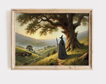 Wizard in Fantasy Valley Landscape Painting, Power Ring Landscape Fine Art Print, Fellowship Poster.