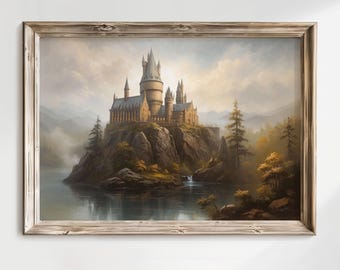 Fantasy Wizard Castle Oil Painting, Wizard Academy Poster Art, Wizarding Fantasy Digital Download Wall Art.