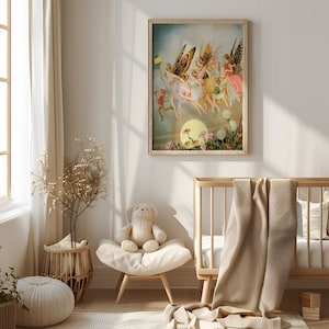 May include: A framed vintage print depicts a group of fairies with butterfly wings, flying near a large yellow moon. The fairies wear pastel-colored dresses and are surrounded by flowers. The artwork is displayed in a light-colored wooden frame.