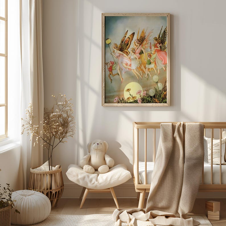 May include: A framed vintage print depicts a group of fairies with butterfly wings, flying near a large yellow moon. The fairies wear pastel-colored dresses and are surrounded by flowers. The artwork is displayed in a light-colored wooden frame.
