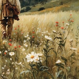 Op de afbeelding: Een schilderij van een veld met wilde bloemen waar een persoon doorheen loopt. De bloemen zijn voornamelijk wit en geel, met wat rode bloemen ertussen. De persoon draagt ​​bruine kleding en loopt van de kijker weg.