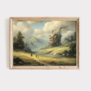 Puede incluir: Pintura de paisaje enmarcada que representa una escena fant&aacute;stica con un castillo en movimiento, un r&iacute;o y figuras en un camino. La obra de arte utiliza una paleta de colores c&aacute;lidos con verdes, amarillos y azules, creando una atm&oacute;sfera tranquila e imaginativa.