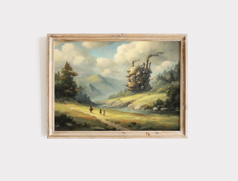 Puede incluir: Pintura de paisaje enmarcada que representa una escena fant&aacute;stica con un castillo en movimiento, un r&iacute;o y figuras en un camino. La obra de arte utiliza una paleta de colores c&aacute;lidos con verdes, amarillos y azules, creando una atm&oacute;sfera tranquila e imaginativa.