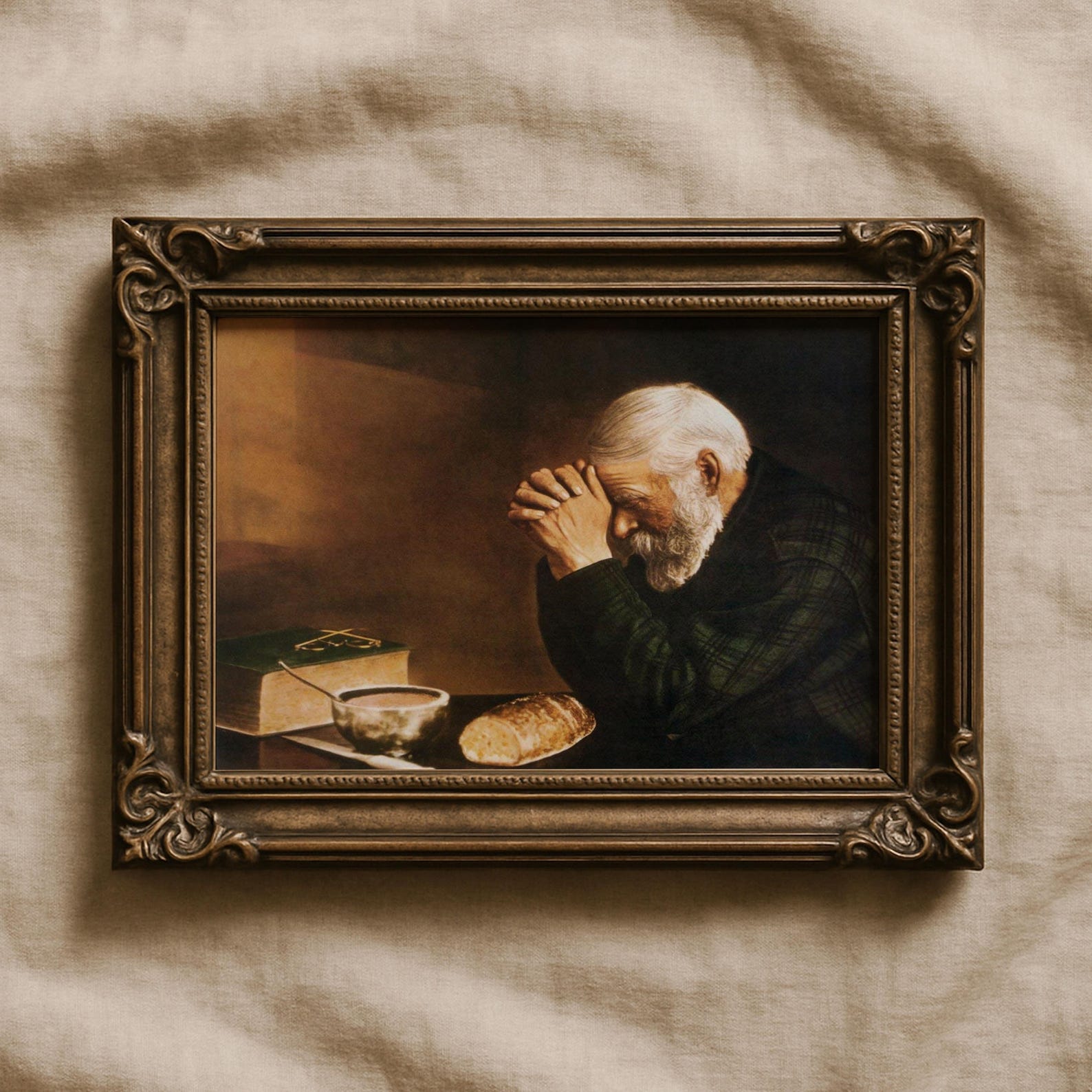 Grace By Eric Enstrom Fine Art Print, Man Praying Over Bread Wall Art, Vintage Christian Print of a Praying Man, Famous Christian Wall Art. - 30x40 cm / 12x16″