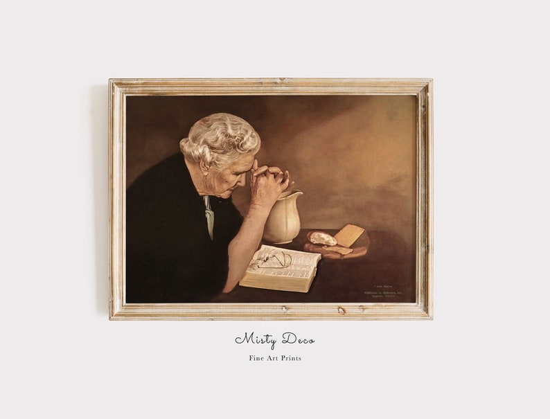 Gratitude by Eric Enstrom, Old Woman Praying Over Bread, Pray To Jesus Printable Wall Art, Elderly Woman Praying Over Food, Pray to God Art.